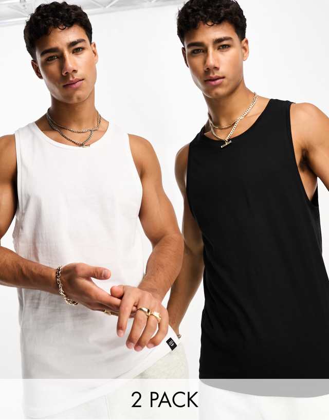 Pull&Bear 2 pack basic tank tops in black and white