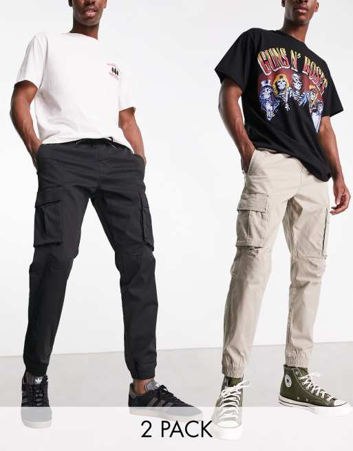 Pull&Bear 2 pack cargo pants in black and beige