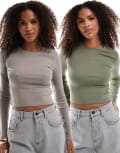 [Pull & Bear] Pull & Bear 2 pack long sleeved t-shirt in brown & khaki-Multi XS MULTI