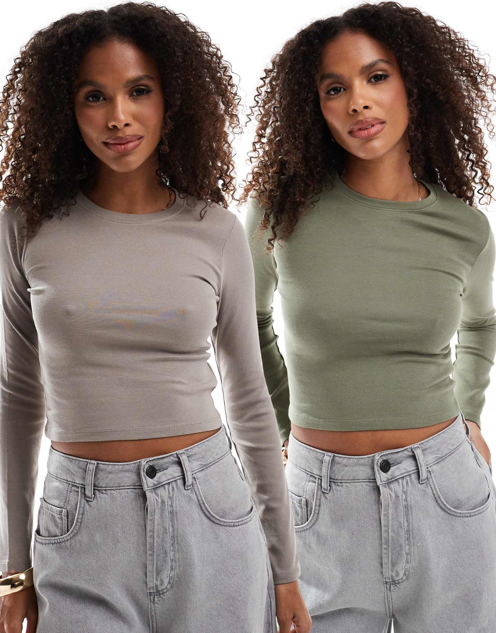 Футболка с длинными рукавами Pull&Bear 2 pack коричневого и хаки цвета