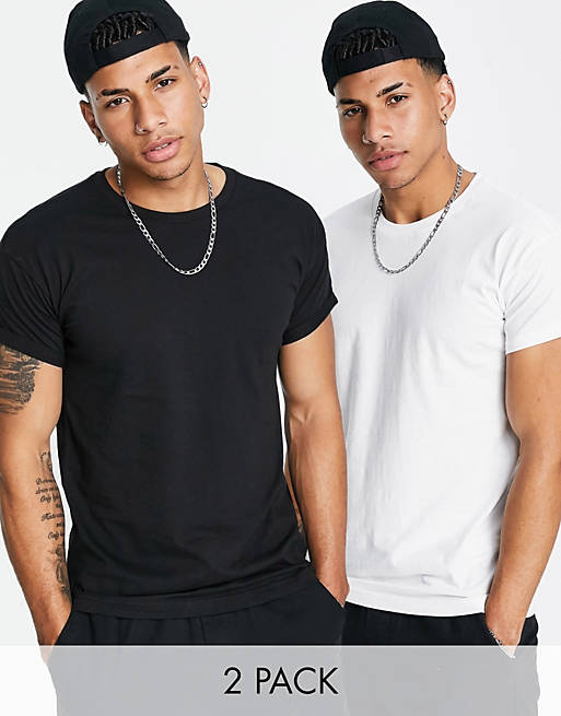 Pull&Bear 2 pack muscle t-shirt in black & white