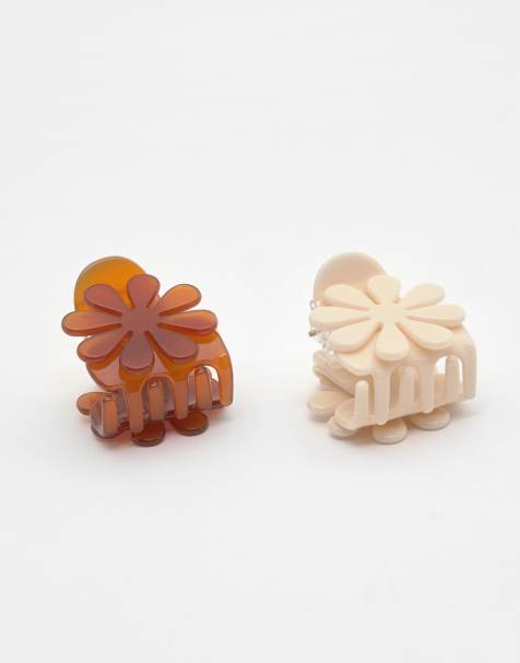 Pull&Bear 2-pack of flower hair clips in brown - view 1