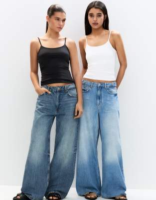 Pull&Bear 2 pack of tops with thin straps in white/black - view 1