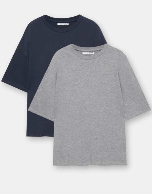 Pull&Bear 2-pack oversize t-shirts i marinblått och grått, 2 av 4