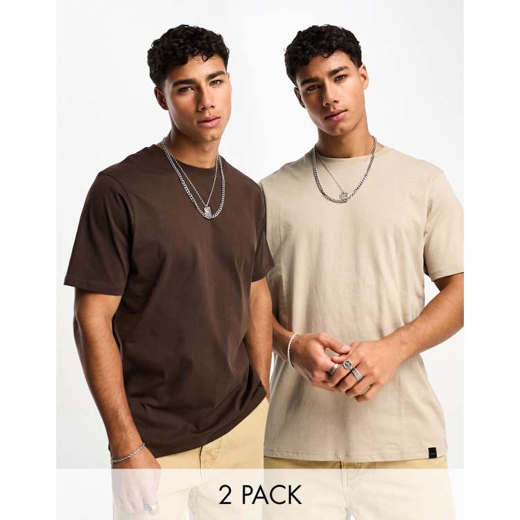 Pull&Bear 2 pack oversized t-shirts in beige and brown exclusive at ASOS