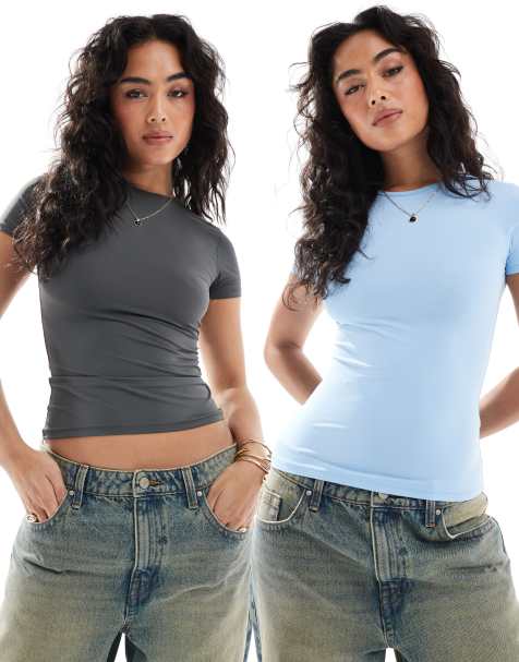 Pull&Bear 2 pack polyamide baby tee in grey & blue