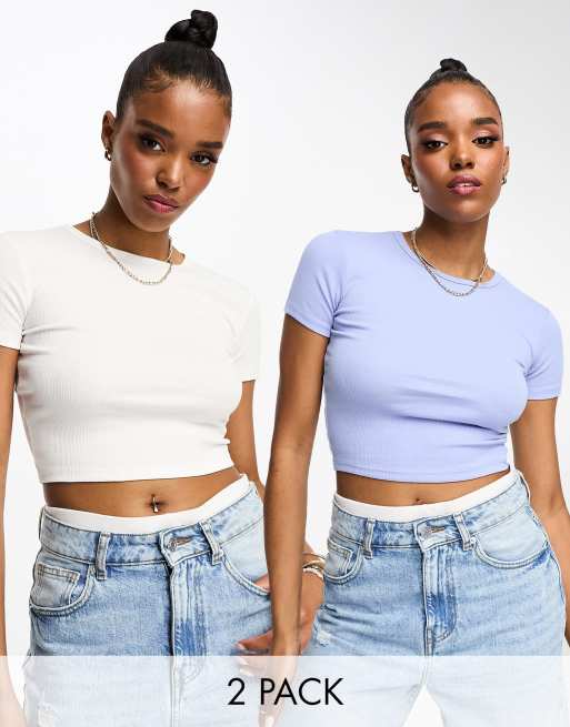 Pull&Bear 2 pack ribbed baby tee in white & blue