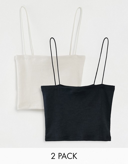Pull&Bear 2 pack ribbed strappy crop top in black and white
