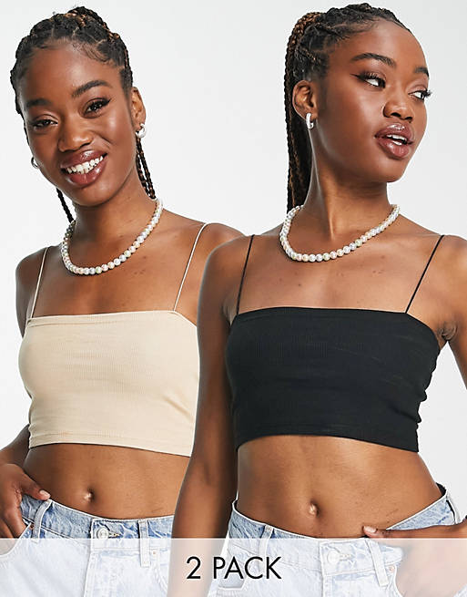 Pull&Bear 2 pack ribbed tube crop top with spaghetti straps in black and  beige | ASOS