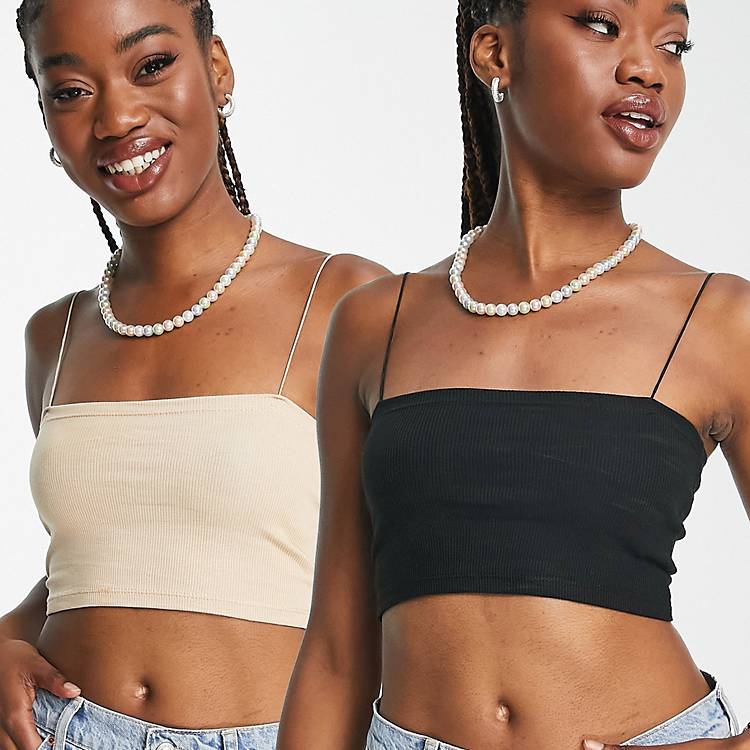 grundigt Desværre fad Pull&Bear 2 pack ribbed tube crop top with spaghetti straps in black and  beige | ASOS