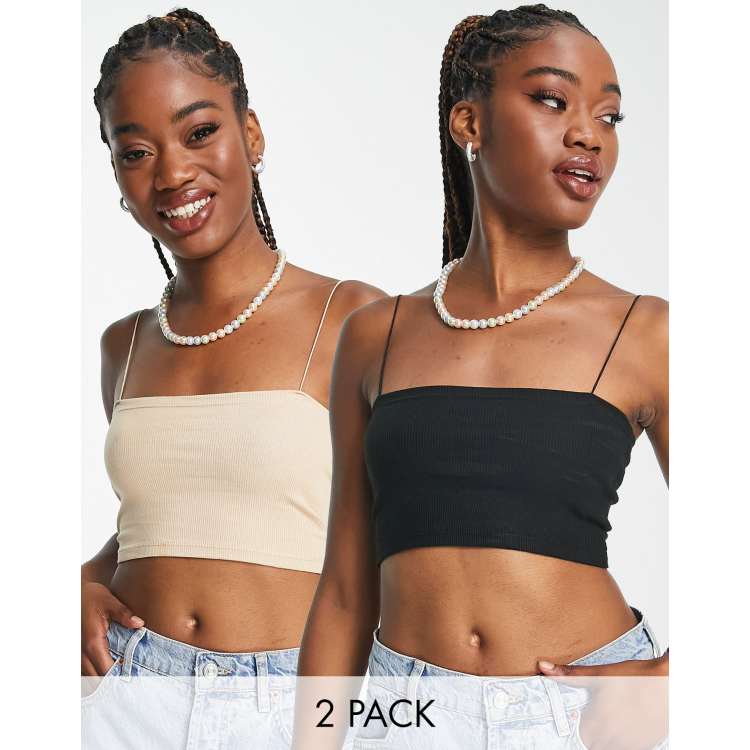 Pull&Bear 2 pack ribbed tube crop top with spaghetti straps in black and  beige