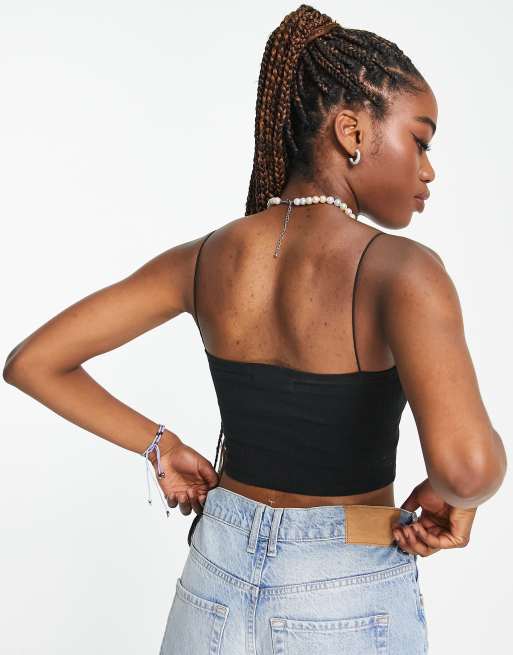 Pull&Bear 2 pack ribbed tube crop top with spaghetti straps in black and  beige