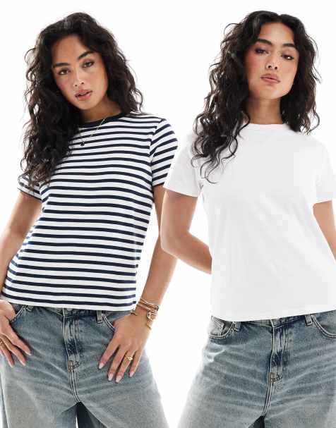 Pull&Bear 2 pack short sleeve cotton t-shirt in white & stripe - view 1