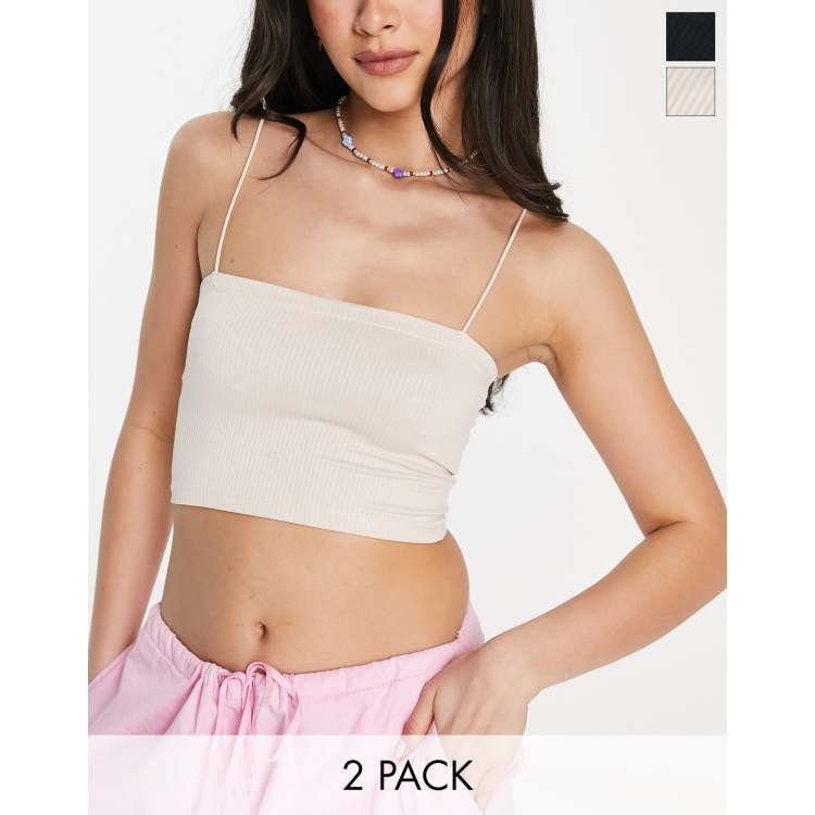 Pull&Bear 2 pack strappy ribbed tube crop top in black & nude