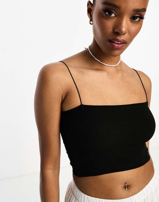 Pull&Bear 2 pack strappy ribbed tube crop top in white & black