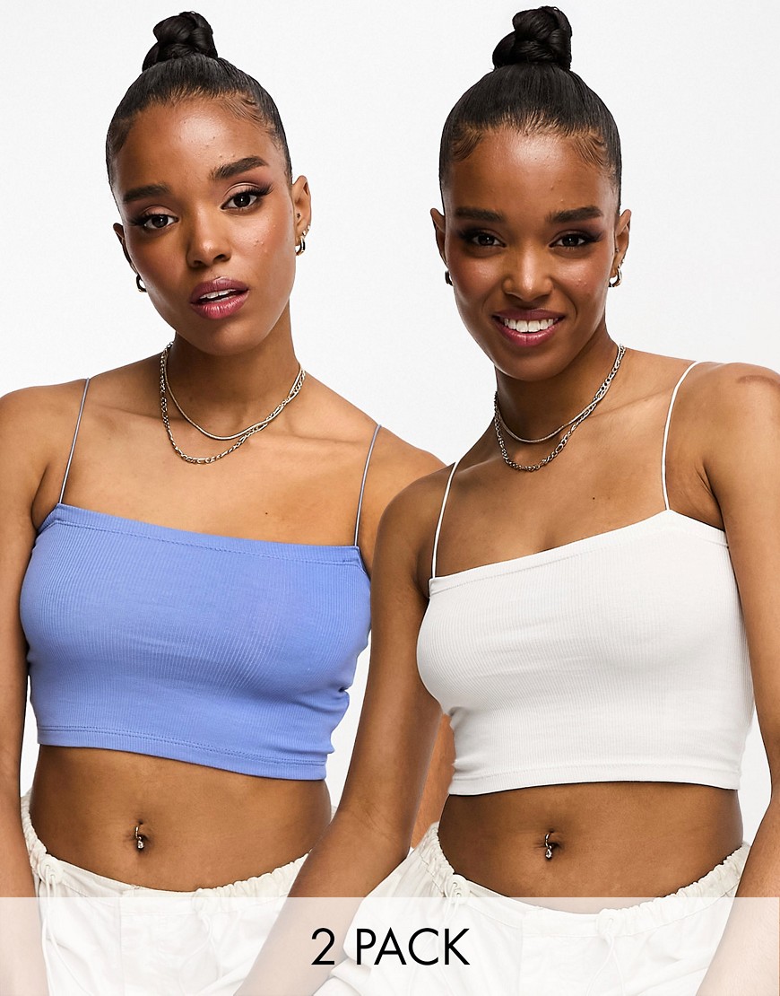 Pull & Bear 2 pack strappy ribbed tube crop top in white & petrol blue