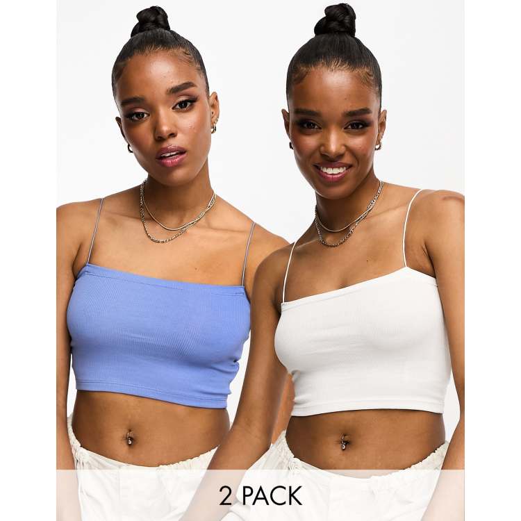 Pull&Bear 2 pack strappy ribbed tube crop top in white & petrol blue