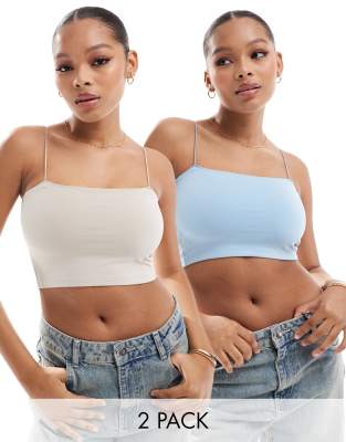 Pull & Bear 2 Pack Strappy Tube Crop Top In Sand And Light Blue-neutral