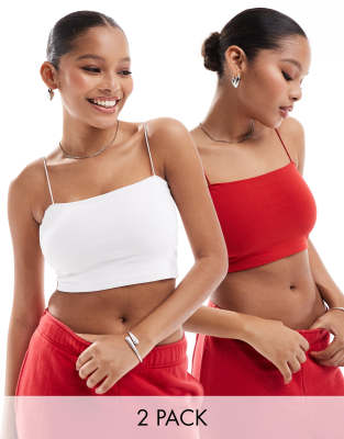 Pull & Bear 2 Pack Strappy Tube Crop Top In White And Red