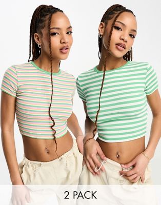 Pull&Bear 2 pack striped baby tee in green