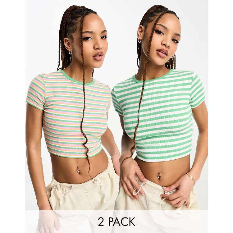 Pull&Bear 2 pack striped baby tee in green