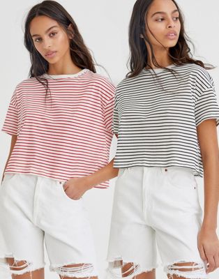 Pull&Bear 2 pack t-shirt in red and blue stripe