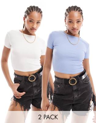 Pull&Bear – 2er-Pack gerippte T-Shirts mit knappem Schnitt in Weiß und Blau
