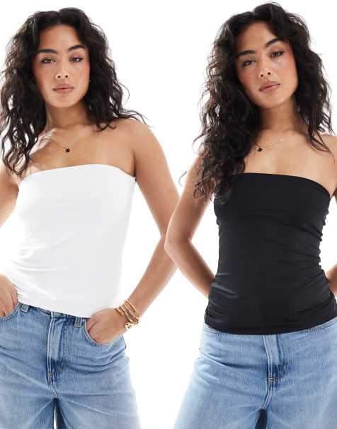 Pull&Bear – 2er-Pack hautenge, trägerlose Oberteile aus Polyamid in Schwarz und Weiß - view 1
