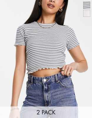 Pull&Bear – 2er-Pack knapp geschnittene T-Shirts in blau und weiß gestreift