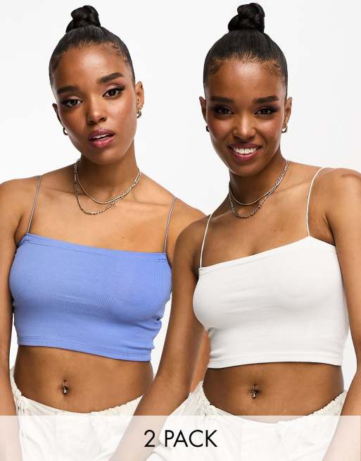 Pull&Bear – 2er-Pack kurze, gerippte Schlauchoberteile in Weiß und Petrolblau mit Riemchenträgern
