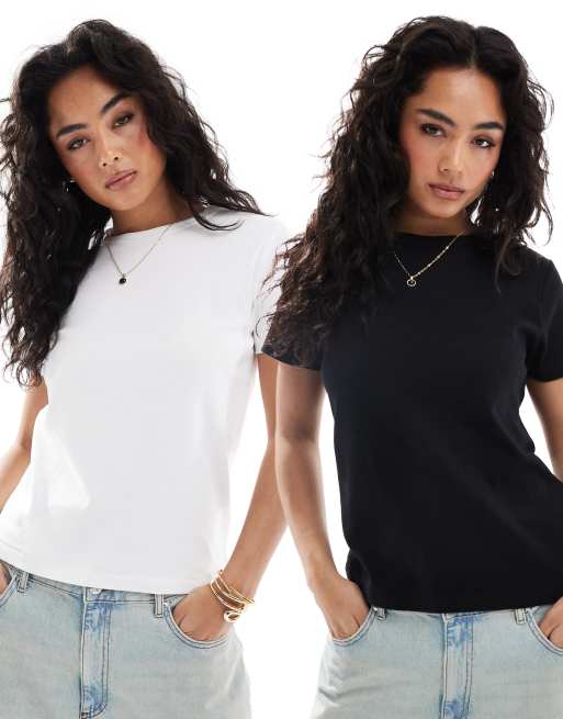 Pull&Bear – 2er-Pack T-Shirts aus Baumwolle in Schwarz und Weiß