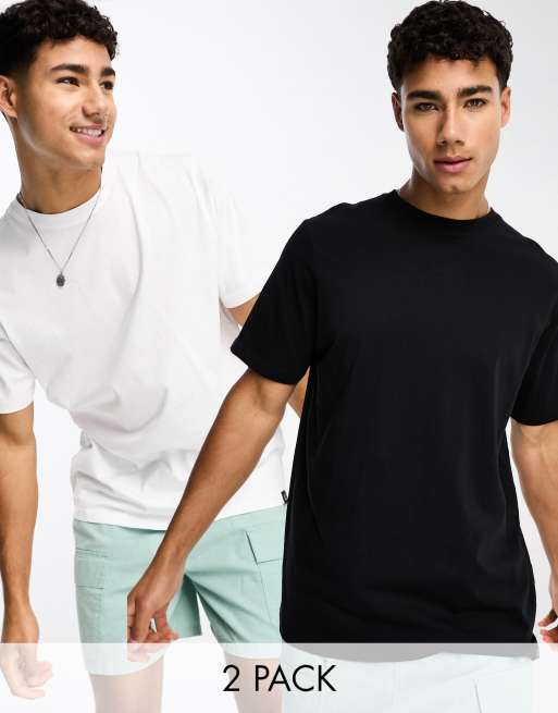Pull&Bear – 2er-Pack T-Shirts in Schwarz und Weiß mit normalem Schnitt