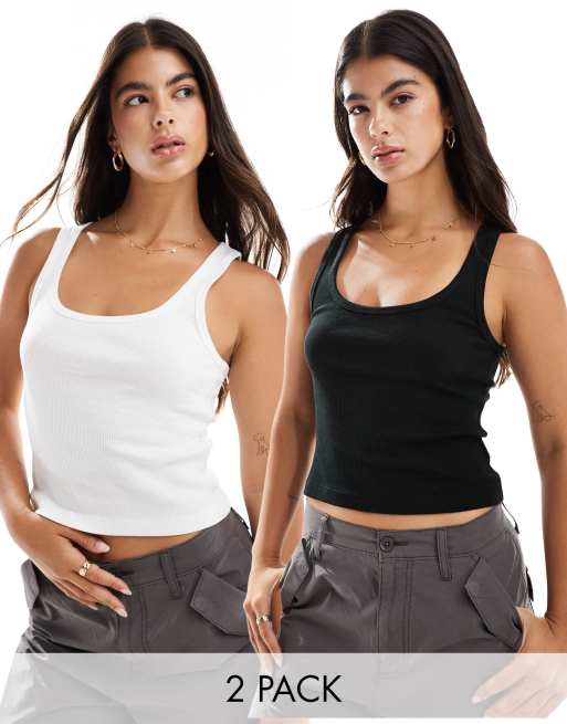 Pull&Bear – 2er-Pack Trägertops in Schwarz & Weiß