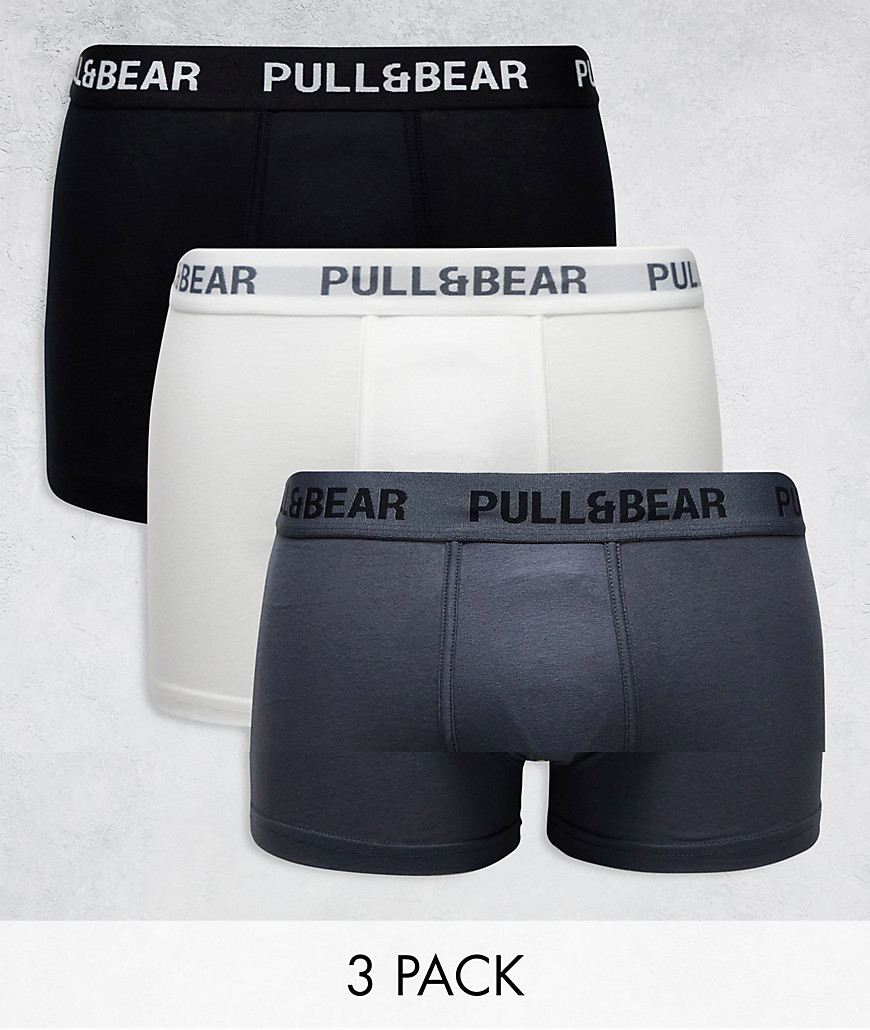 Pull & Bear 3 pack boxers contrast waistband in white, grey and black-Multi