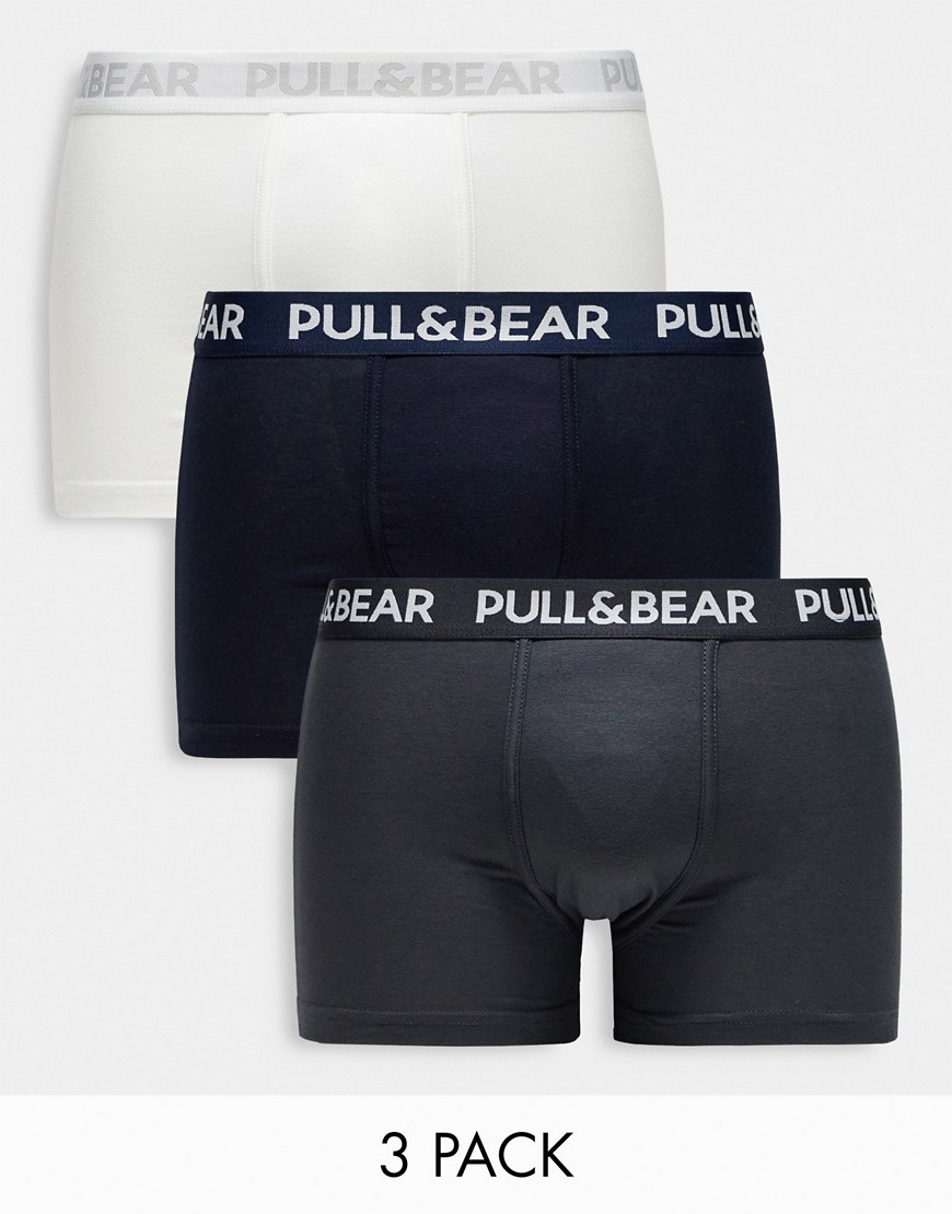 Pull & Bear 3 Pack Boxers In White, Grey And Navy-Multi