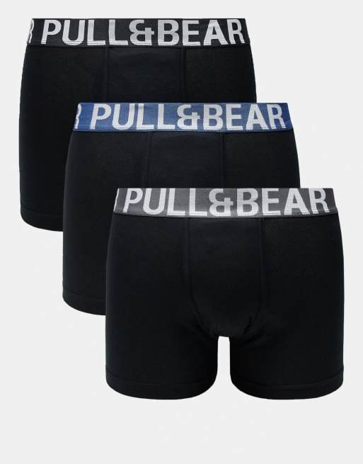 Pull&Bear 3 pack boxers with contrast coloured waistband in black, blue and grey