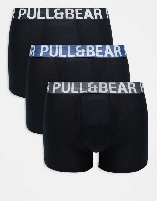 Pull&Bear 3 pack boxers with contrast coloured waistband in black, blue and grey
