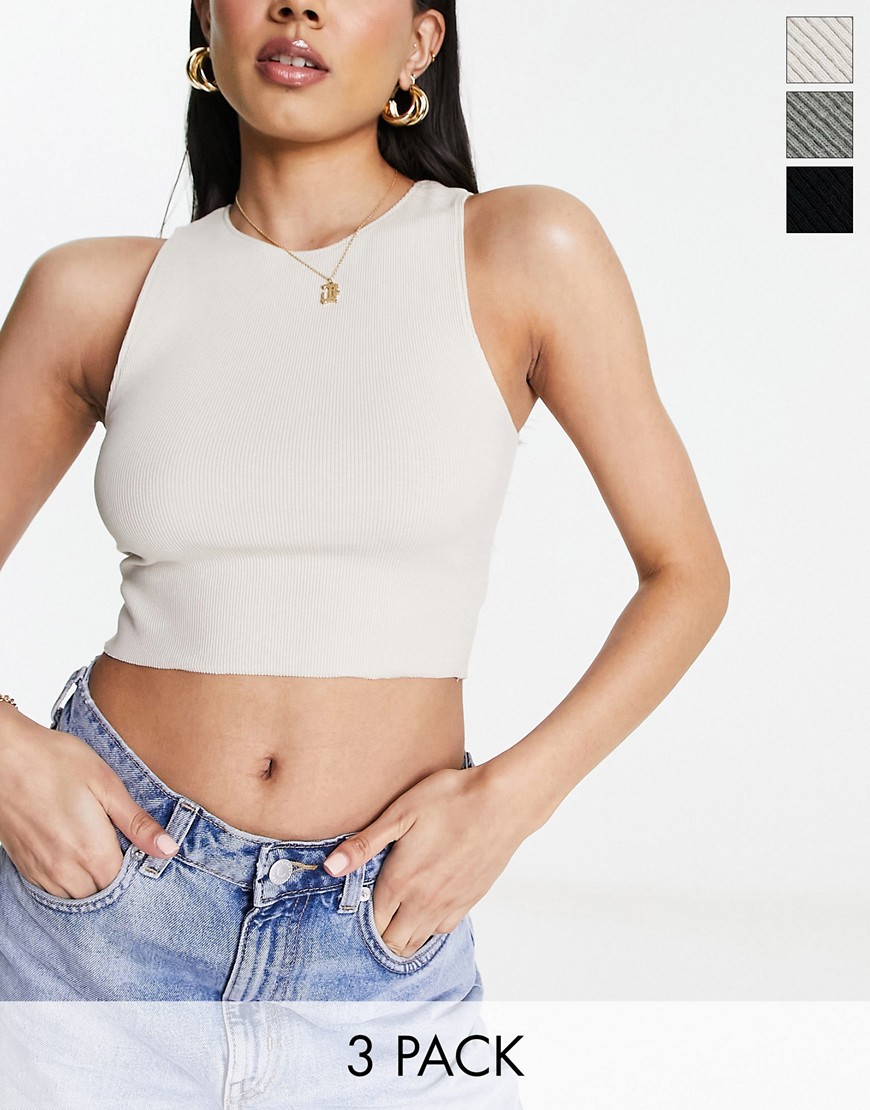 Pull & Bear 3 Pack Ribbed Racer Neck Cropped Top In Gray, Tan & White In Black