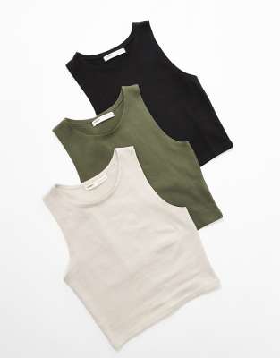 Pull&Bear 3 pack ribbed racer neck cropped top in ecru, khaki & black