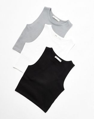3 pack ribbed racer neck cropped top in white, black & gray