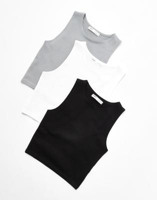 Pull & Bear 3 Pack Ribbed Racer Neck Cropped Top In Black