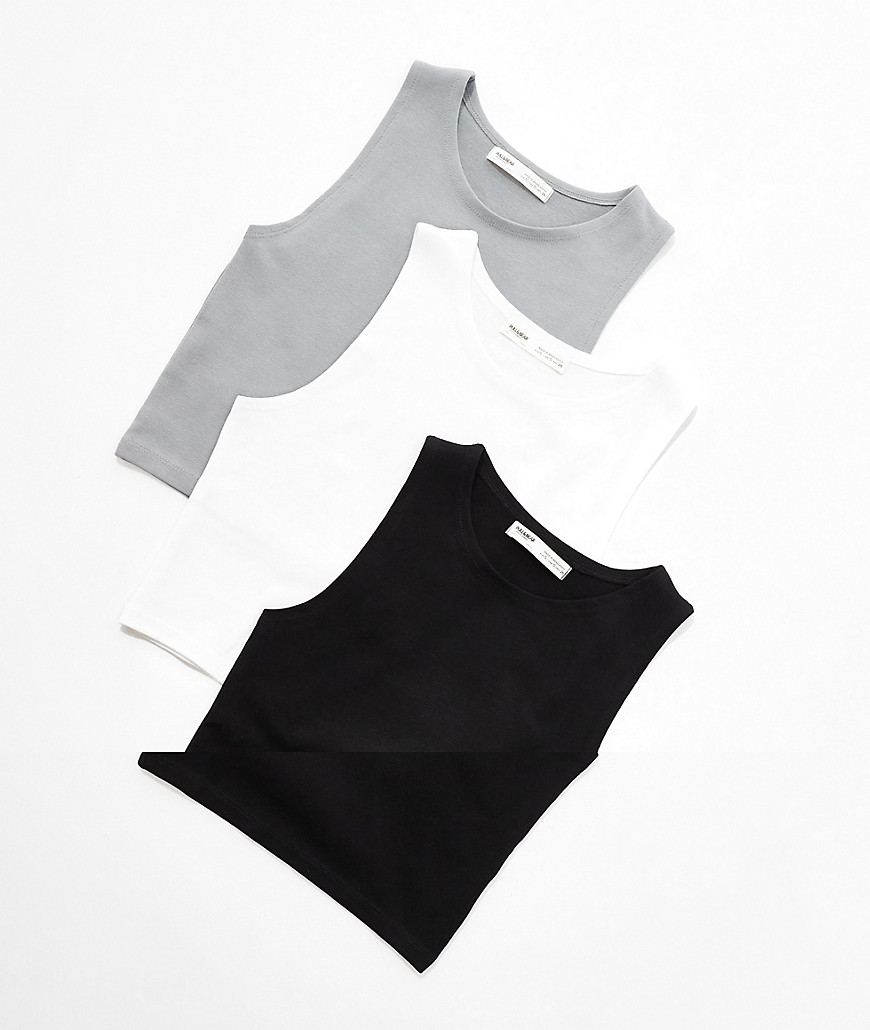 Pull & Bear 3 pack ribbed racer neck cropped top in white, black & grey