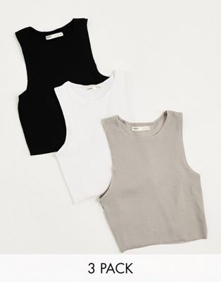 Pull&Bear 3 pack ribbed racer neck cropped top white, black & beige