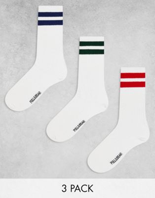 Pull&Bear 3 pack sports stripe socks in white multi