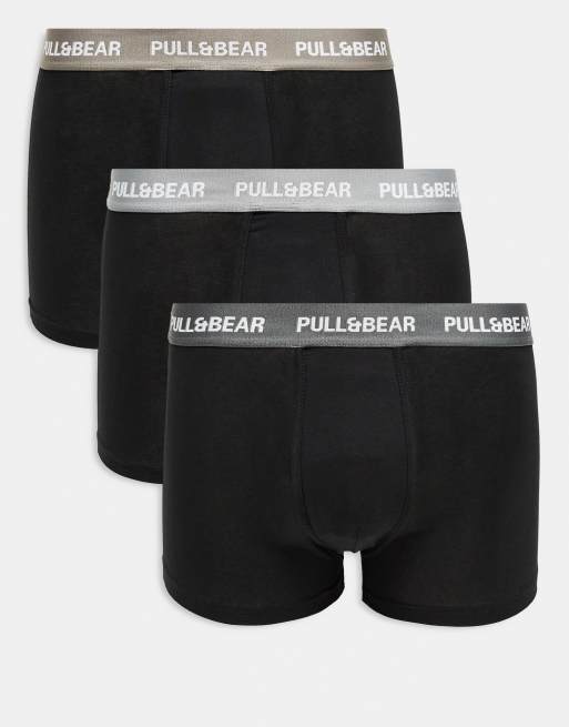 Pull&Bear – 3er-Pack Boxershorts mit Kontrast-Bund in Grau und Sand