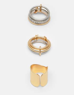 Pull & Bear - 3er-Pack Ringe in Metallic-Goldoptik-Goldfarben