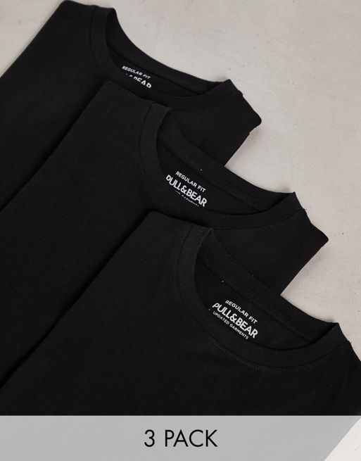 Pull&Bear – 3er-Pack T-Shirts in Schwarz mit regulärer Passform