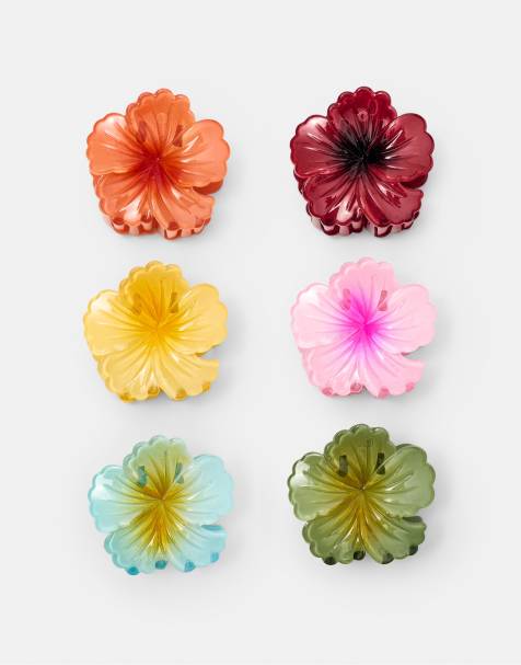 Pull&Bear – 6er-Pack Blumen-Haarklammern in Rot - view 1