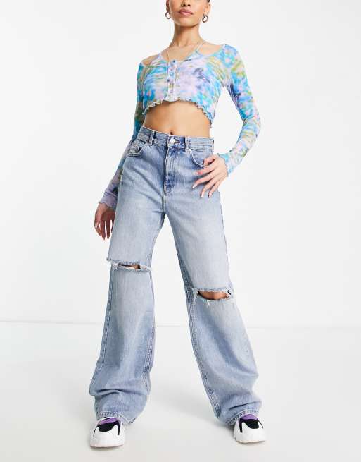 Pull&Bear - 90s jeans met rechte pijpen en scheuren in blauw 