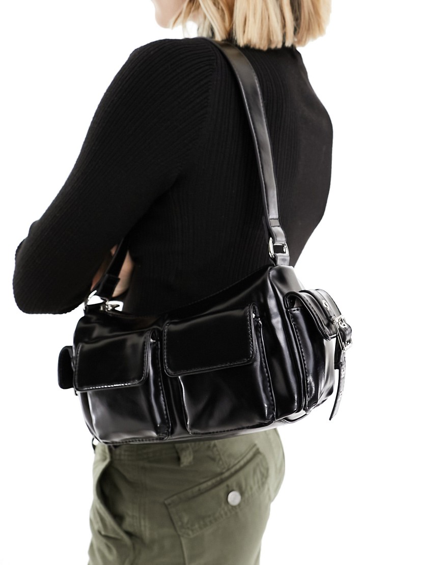 Pull & Bear 90s shoulder bag with multi pocket detail in black